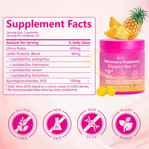 Feminine Probiotics Gummies with Slippery Elm - 400mg Probiotic Blend for pH Balance, Odor & Yeast Support, Sugar-Free Pineapple 60 Count