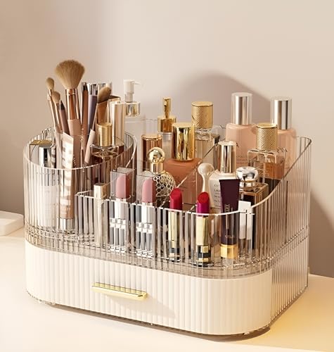 SpaceLuxe Cream White 2-Layer Makeup Organizer with Rotating Brush Holder