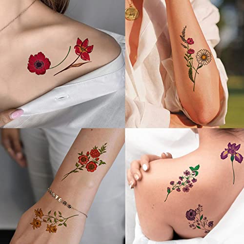 Tazimi 12 Sheets Temporary Tattoos - Watercolor Flower & Lavender Sunflower Violet Rose Tattoo Stickers for Women & Kids