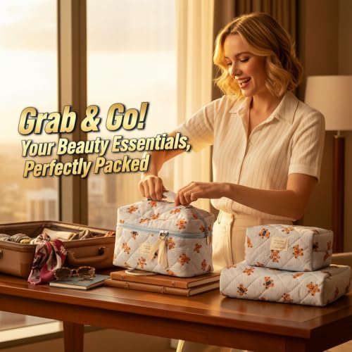 Women Adorable Quilted Fabric Cosmetic Bag Set, 3-Piece Cartoon Bear Makeup Organizer with Zipper, Easy Travel Home Storage (White)