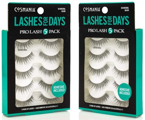 Cosmania Lashes for Days False Eyelashes (So Natural) - Easy to Apply, Natural Looking | Noticeably Fuller Looking Lashes | Adhesive Included | Cruelty Free (5 Pack/2 Pair - Black)