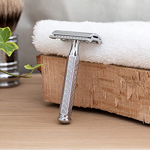 MERKUR 42C Double Edge Safety Razor, Hexagonal Handle, Three-Piece Design, Closed Comb Straight Bar, Bright Chrome Finish, Made in Germany