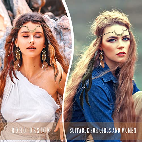 Kigeli 5 Pack Boho Hair Feather Headpiece Clip-in Moon Chain