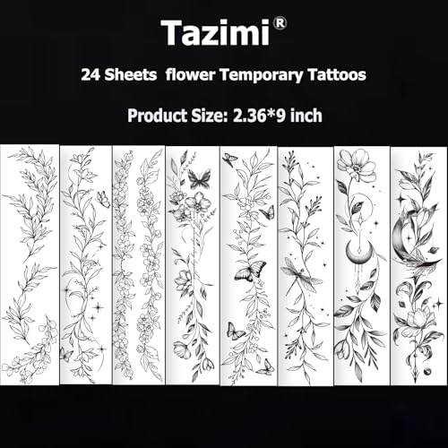Tazimi Temporary Tattoos For Women Girls-24 Sheets Branch Flower Leaf Wild Plants Sketch Realistic Long-lasting Tattoo Stickers Waterproof Tattoo Sets for Arm Collarbone Leg Backbone Body Art