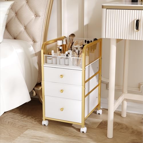 Rolling Makeup Organizer Cart with 3 Drawers - Gold
