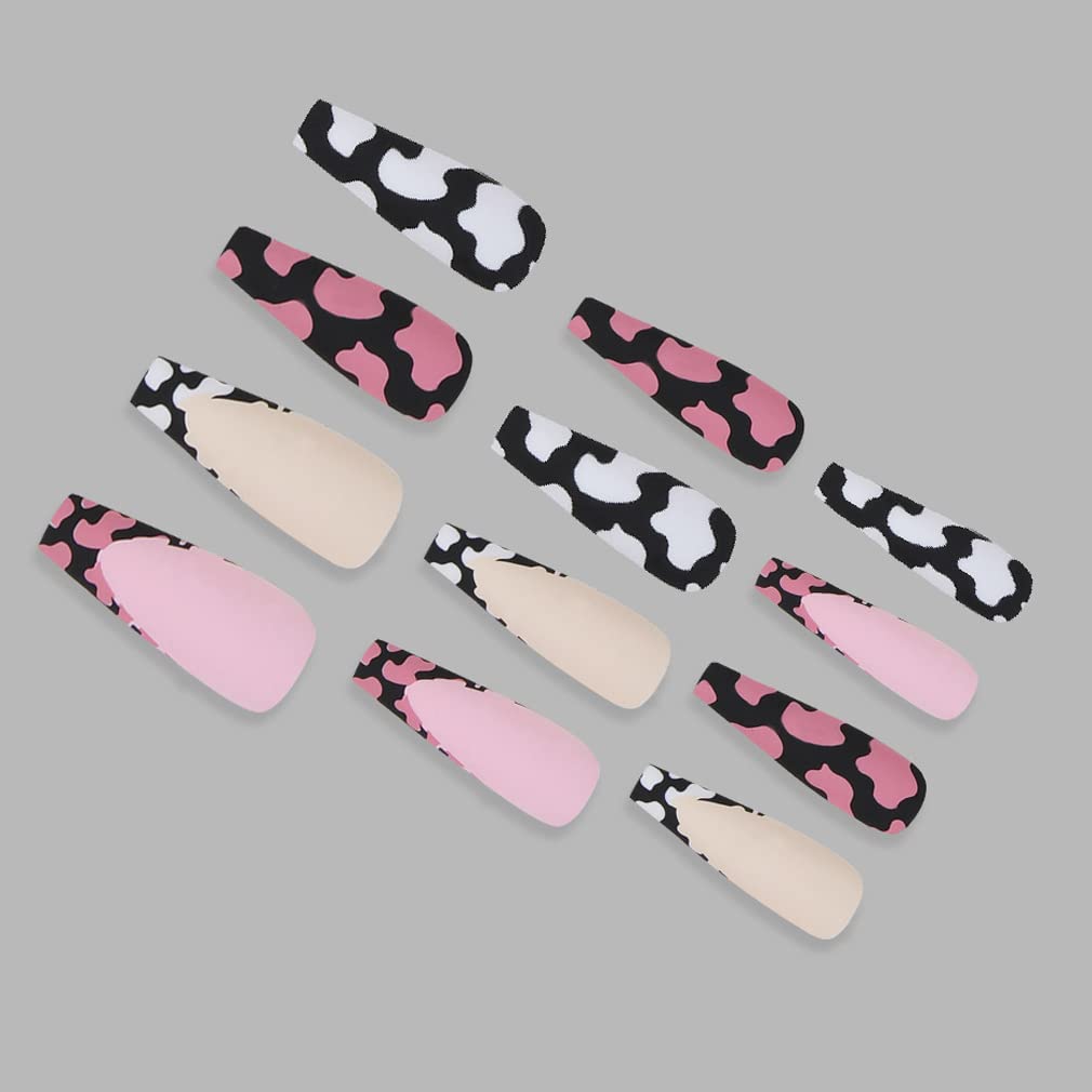 BABALAL Long Press on Nails Coffin Fake Nails Cow Print Nails Ballerina Nails Matte False Nails for Women and Girls