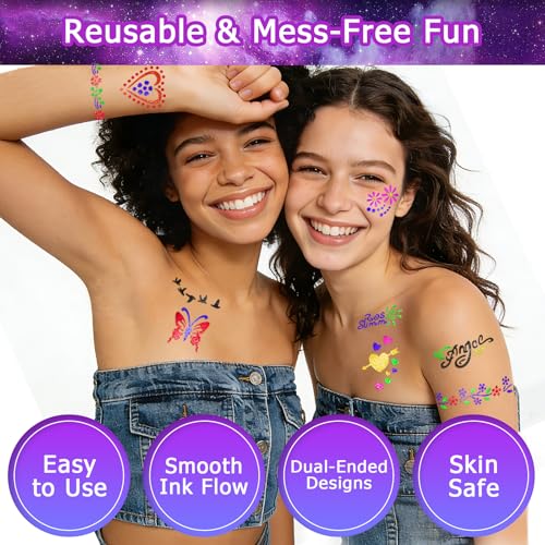 Temporary Tattoo Markers with 8 Stencils - 10 Dual-End Metallic Pens