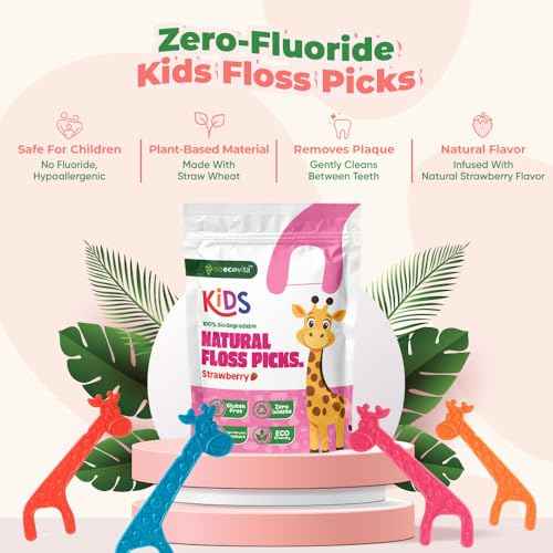 Biodegradable Kids Flossers - Dental Floss Picks for Children | Fluoride & Plastic-Free | Colorful & Fun Animal Floss Sticks | Eco Friendly, Vegan, Natural (Strawberry - 100 Pack)