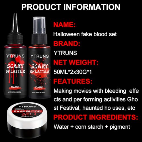 Halloween Fake Blood Makeup Kit, 1.41oz Coagulated +1.76oz Fake Blood Spray +1.76oz Dripping Blood , Realistic Washable Fake Blood Makeup for Zombie Vampire Monster Cosplay & Dress Up
