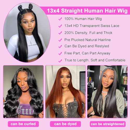 Lace Front Wigs Human Hair Straight HD Lace Front Wigs Pre Plucked with Baby Hair 200 Density 13x4 Frontal Wigs Straight Wigs Human Hair Glueless Wigs for Women 24 Inch