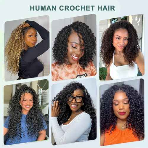 Knotless Crochet Human Hair Extensions 16 Inch Gogo Curl Human Crochet Hair for Boho Braids and Locs Feather Human Hair Crochet Bundles Pre Looped Natural Black Color 60g 50 Strands