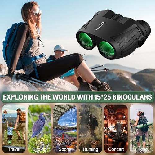 Aurosports 15x25 Compact Binoculars for Adult Kids - High Power Binoculars for Bird Watching - Easy Focus Small Binocular with Low Light Vision for Travel, Camping, Concert, Hiking