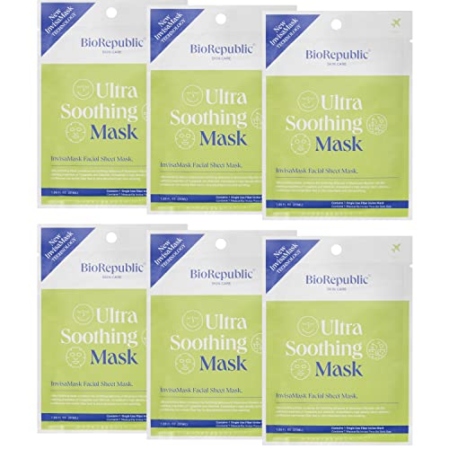 BioRepublic Ultra Soothing InvisaMask for Face, with Squalane, Tripeptide, Allantoin | Hydrates, Brightens, & Reduces Swelling and Redness | InvisaMask with Age-Fighting Antioxidants | Pack of 6