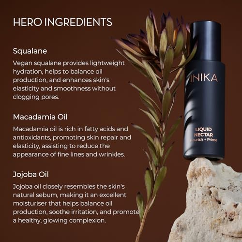 INIKA Organic Liquid Nectar Primer | 3 in 1 Skincare Makeup Hydrid to Prime, Nourish and Boost Glow. Silky Vegan Formula Instantly Smooths & Evens Skin Tone. 30mL