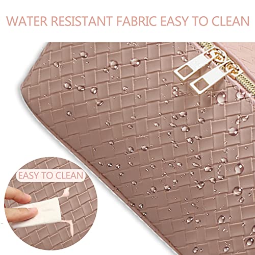 Travel Cosmetic Bag with Compartments - Large Capacity, Lay Flat, Pink Checkered Pattern PU Leather Portable Makeup Bag for Women & Girls