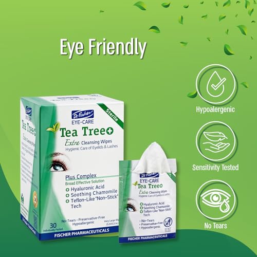 Dr. Fischer Tea Tree Oil Eye Wipes - Hypoallergenic Eyelid Wipes for Sensitive Eyes with Hyaluronic Acid and Chamomile, Makeup Remover, Daily Cleanser (30 wipes)