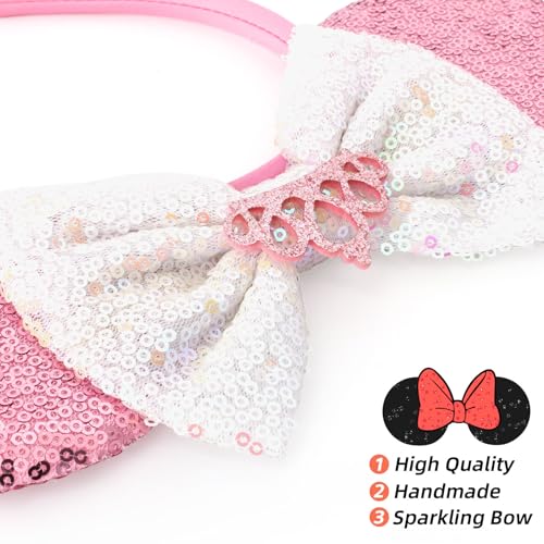 ODOCARE Handmade Mouse Ears Headband with Pink Glitter Crown and Polka Dot Bow for Women and Girls - Costume Accessory