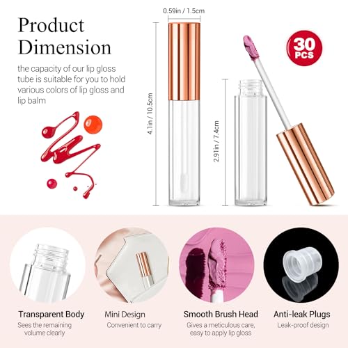 KPX 30 Pcs lip Gloss Tube Containers Bulk Wand 10ml Empty Clear Pink Lip Oil Tubes Refillable Lip Balm Bottles with Rubber Insert for DIY Makeup Such as Lip Samples, Homemade Lip Balm (Rose Golden)