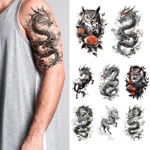 Temporary Tattoo Stickers 8 Pack - Dragon, Owl, Rose Design