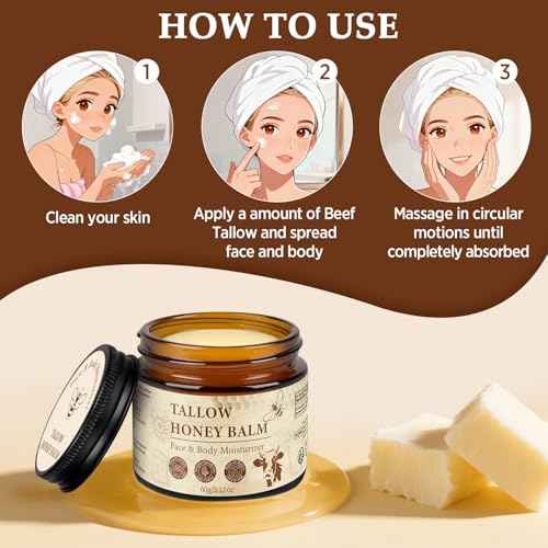 Beef Tallow for Skin, Tallow and Honey Balm for Face, Grass-Fed Beef Tallow & Raw Wild Honey, Deep Hydration & Nourishment, Oil-Free & Unscented, Fast Absorbing