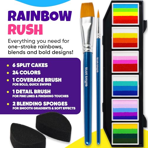 Blue Squid Face Painting Kit for Kids ? 60g/2.12oz Split Cake Face Paint Palette, One Stroke Rainbow Colors, with Brushes & Stencils - Non-Toxic, Water Activated - Kids Party & Halloween Makeup Kit