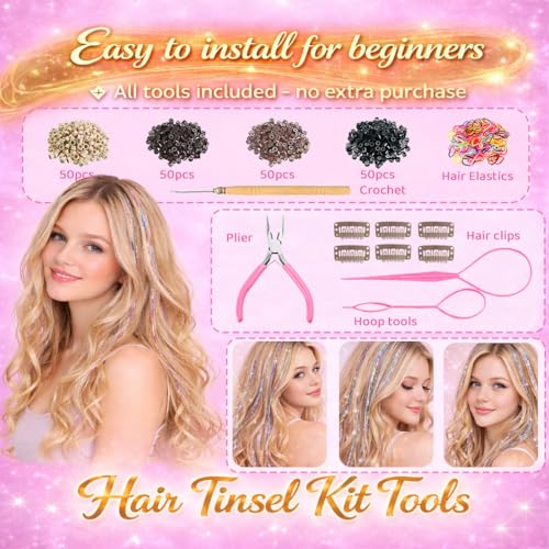 Hair Tinsel Kit, 22 Colors, 8800 Strands, 48 Inch with Tools