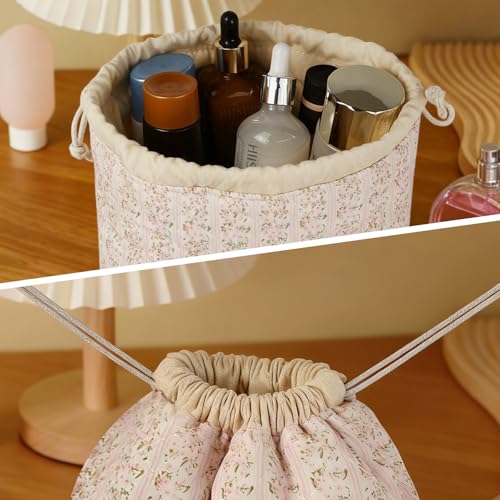 Large Makeup Bag, Cute Drawstring Cosmetic Bag with Canvas Lining, Floral Coquette Aesthetic Toiletry Bag, Travel Make Up Organizer Bag for Women and Girl (Red Cherry)