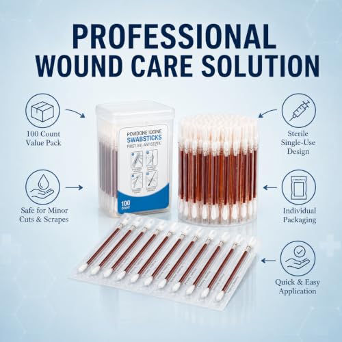 100 Pcs Povidone Iodine Swabsticks – Individually Sealed, First Aid Medical-Grade Disinfectant, FSA/HSA Eligible