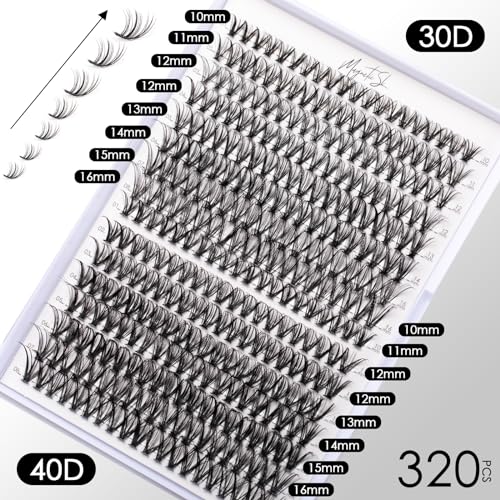 Lash Clusters DIY Lash Extensions Kit 320pcs Individual Lashes Clusters 30D 40D D Curl Eyelash Extension Kit with Applicator and Lash Bond&Seal,Clusters Lash Glue Remover Mix 10-16mm (30D+40D-320 KIT)