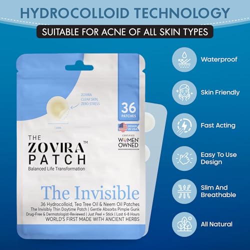 Zovira Invisible Daytime Acne Pimple Patch 36 Count, Niacinamide, Salicylic Acid, Tea Tree and Neem Oil, Suitable for Sensitive Skin, Tapered Edges Blend into All Skin Tones, Reduce Redness