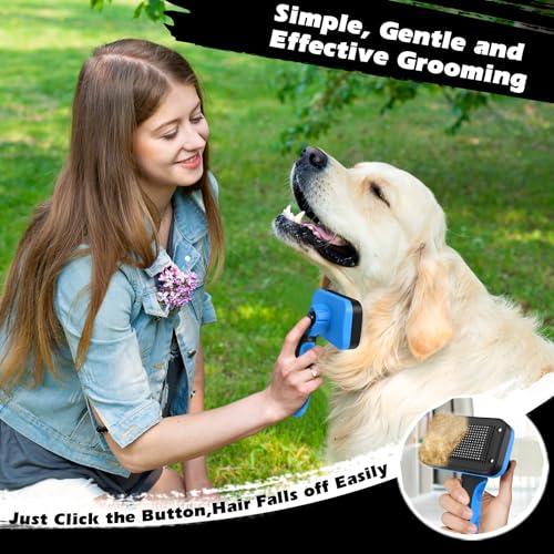Blue Self-Cleaning Pet Slicker Brush & Dematting Comb Set for Dogs, Cats, Horses
