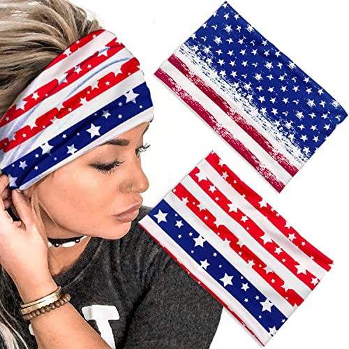 DIUEWOW 2 Pieces Patriotic Headbands American Flag Hair Band 4th of July Independence Day Headwraps Elastic Wide Head Band Supplies Workout for National Day Running Stretchy Twisted Hair Band