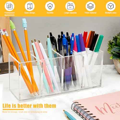 Clear Makeup Brush Organizer,Acrylic Cosmetic Brushes Storage Holder with 4 Slots,Pencil Pen Holder for Desk,Desk Organizer and Accessories for Vanity