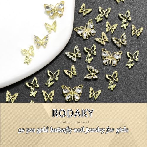 RODAKY 30PCS Butterfly Nail Charms Gold Butterflies Nail Art Jewelry 3D Butterfly Nail Gems Rhinestone for Nails Manicure DIY Accessories for Women and Girls