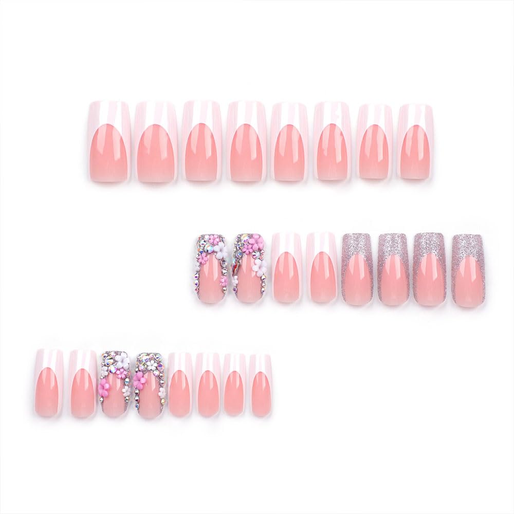 BAOYAALIN Square Press on Nails Medium Long French Tips Whtie Glitter Fake Nails with 3D Flower Design Gel Glue on Nails for Women Girls Acrylic False Stick on Nail Manicure for Wedding 24Pcs