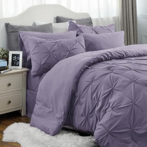 Bedsure Twin Comforter Set with Sheets - 5 Pieces Twin Bedding Sets, Pinch Pleat Grayish Purple Twin Bed in a Bag with Comforter, Sheets, Pillowcase & Sham