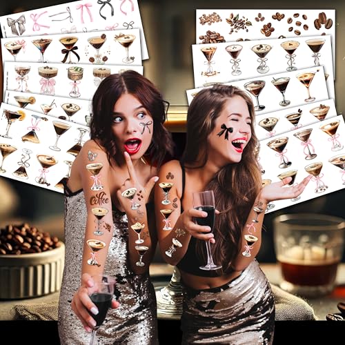 100PCS Espresso Martini Coffee Temporary Tattoos ? A Tini Bit Older Birthday Party Decorations Supplies Favors, Bow Cocktails Tini Bar Stickers for Women Girls Bachelorette Bridal Shower (Brown)
