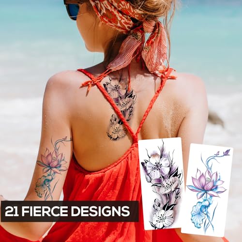 21 Large Floral Temporary Tattoos - Waterproof Flower Design Sheets