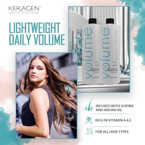 KERAGEN - Volumizing Conditioner for Fine Hair with Keratin and Collagen, Sulfate Free 32 Oz - Add Thickness, Hydrates and Enhances Hair Volume, with Panthenol, Vitamins, and Jojoba Oil