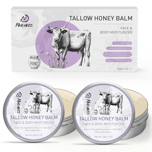 Beef Tallow for Skin ? 2 Pcs Grass-Fed Tallow and Raw Honey Balm with Lavender Essential Oil, Natural Tallow Face Moisturizer & Beef Tallow for Face, Nourishing Hydrating Balm