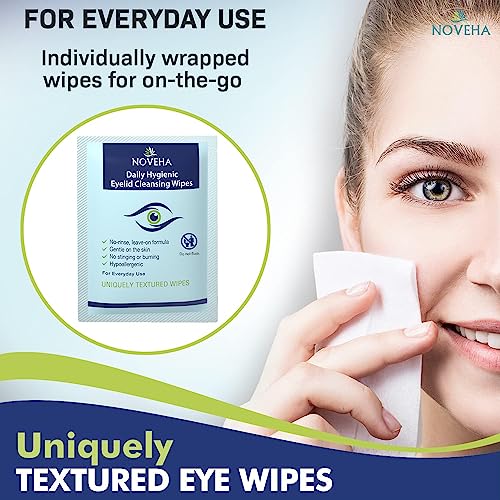 NOVEHA Daily Hygienic Eyelid & Lash Wipes | For Blepharitis & Itchy Eyes, Demodex | Box Of 60 Individually Wrapped Eyelash Wipes, Natural Makeup Remover & Daily Cleanser