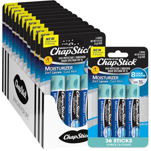 ChapStick Moisturizer 2-in-1 Lipcare SPF 15, Cool Mint, Sunscreen Lip Balm with Aloe Vera and Vitamin E, 0.15 Oz Ea pack of 3 (12) total 36