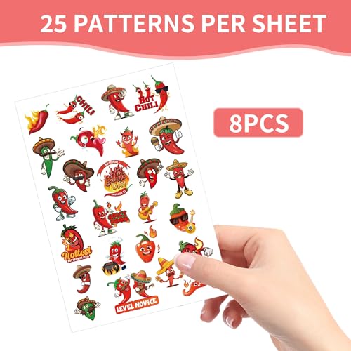 Chili Cook Off Temporary Tattoos - 200 Spicy Pepper Fiesta Decorations Supplies, Mexican Party Favors Fake Tattoo for Cooks Guests, School Prize (8 sheets)