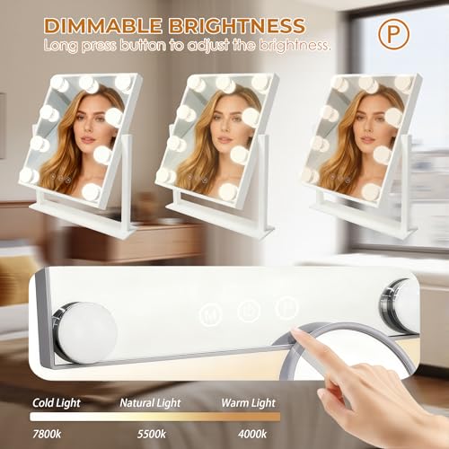 Lighted Vanity Mirror with 9 LED Lights, Detachable 10x Magnifying Mirror, 3-Color dimmable Hollywood Makeup Mirror, Smart Touch Control, Metal Frame, 360-degree Rotation, White/Black (White)