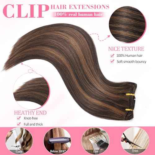 Clip in Hair Extensions Real Human Hair, Seamless Balayage Human hair Clip ins Extensions for Women Invisible Straight 8Pcs Double Weft Dark Brown Highlight Chestnut Brown 24inch 120g
