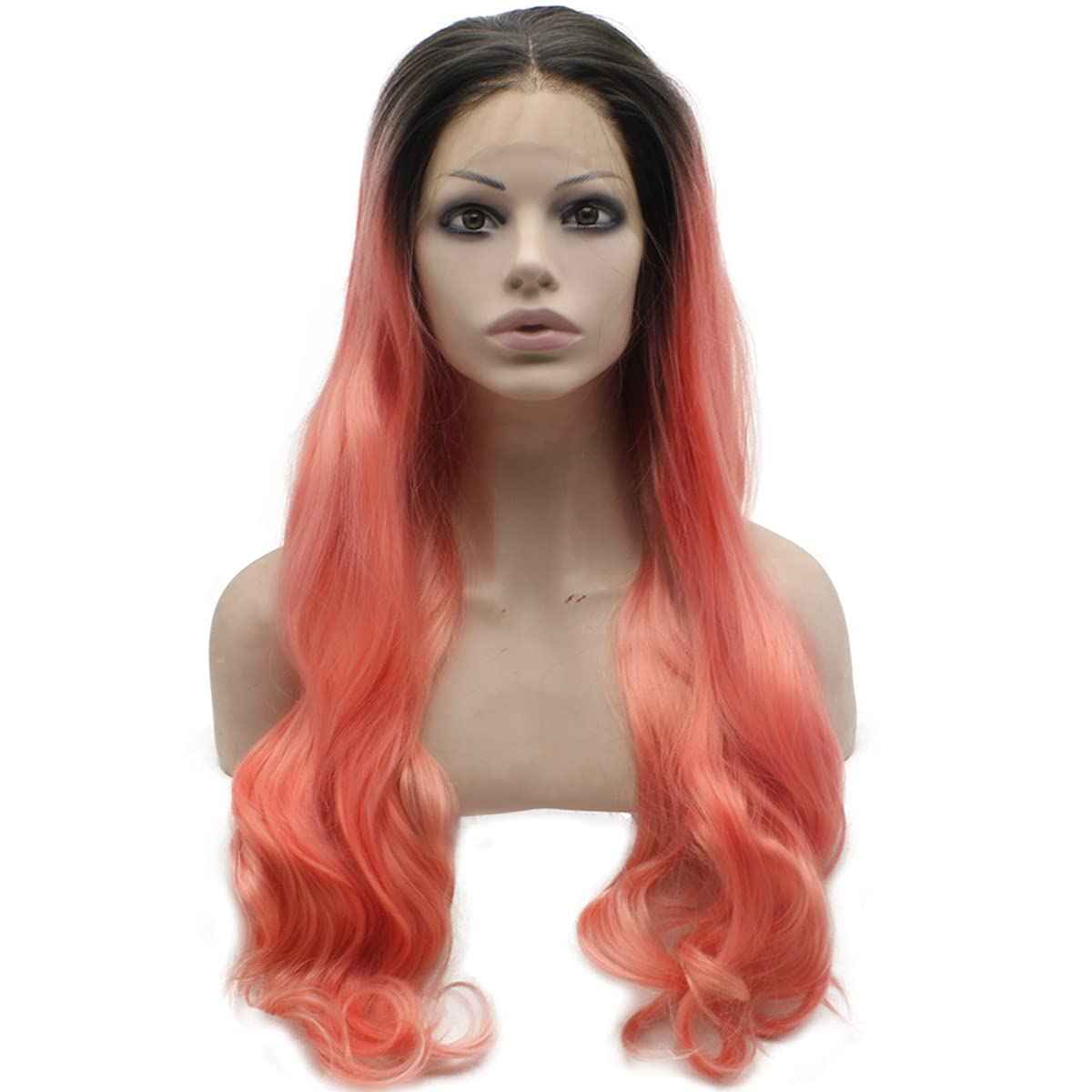 MX angel Long Black Roots Pink Hand Tied Synthetic Wig Lace Front Heat Resistant Fiber Hair