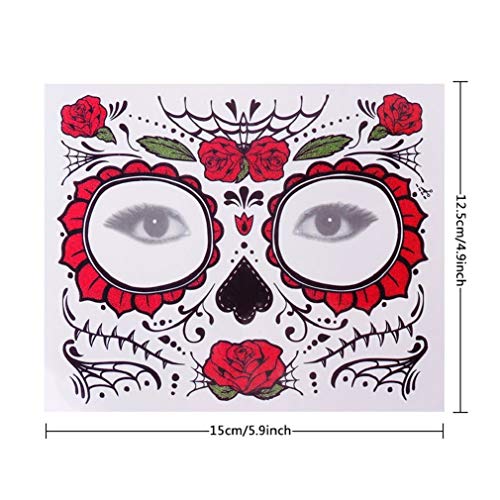 4 Pack Day of The Dead Sugar Skull Face Temporary Tattoo Halloween Makeup Tattoo Stickers for Halloween Masquerade Party(Floral, Red Roses,Black and Floral Skeleton)