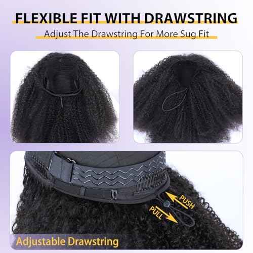 V SHOW Afro Curly 3 In 1 Half Wig Human Hair Elastic Drawstring Wear Go Glueless Kinky Curly Human Hair Half Wigs Friendly To Beginners 180% Density Natural Hairline Flip Over Wig 24Inch