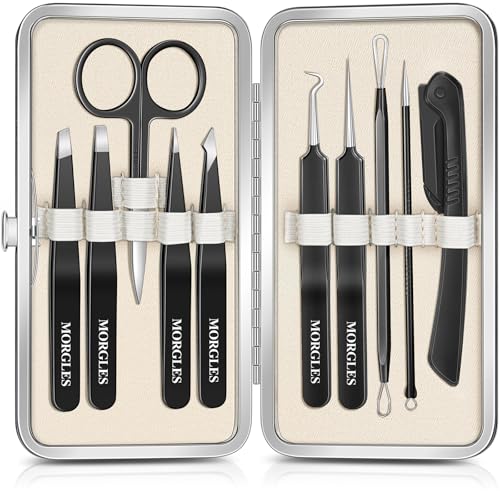 MORGLES Tweezers Set for Men, 10 in 1 Professional Eyebrow Tweezers Kit with Razor, Scissors and Blackhead Remover Tools with Travel Bag, Grooming Beauty Set (Black)