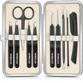 MORGLES Tweezers Set for Men, 10 in 1 Professional Eyebrow Tweezers Kit with Razor, Scissors and Blackhead Remover Tools with Travel Bag, Grooming Beauty Set (Black)